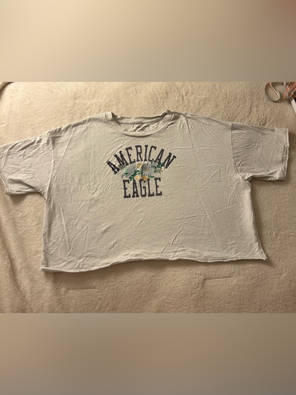 American Eagle Outfitters White Crewneck Tee with Floral and Navy Logo